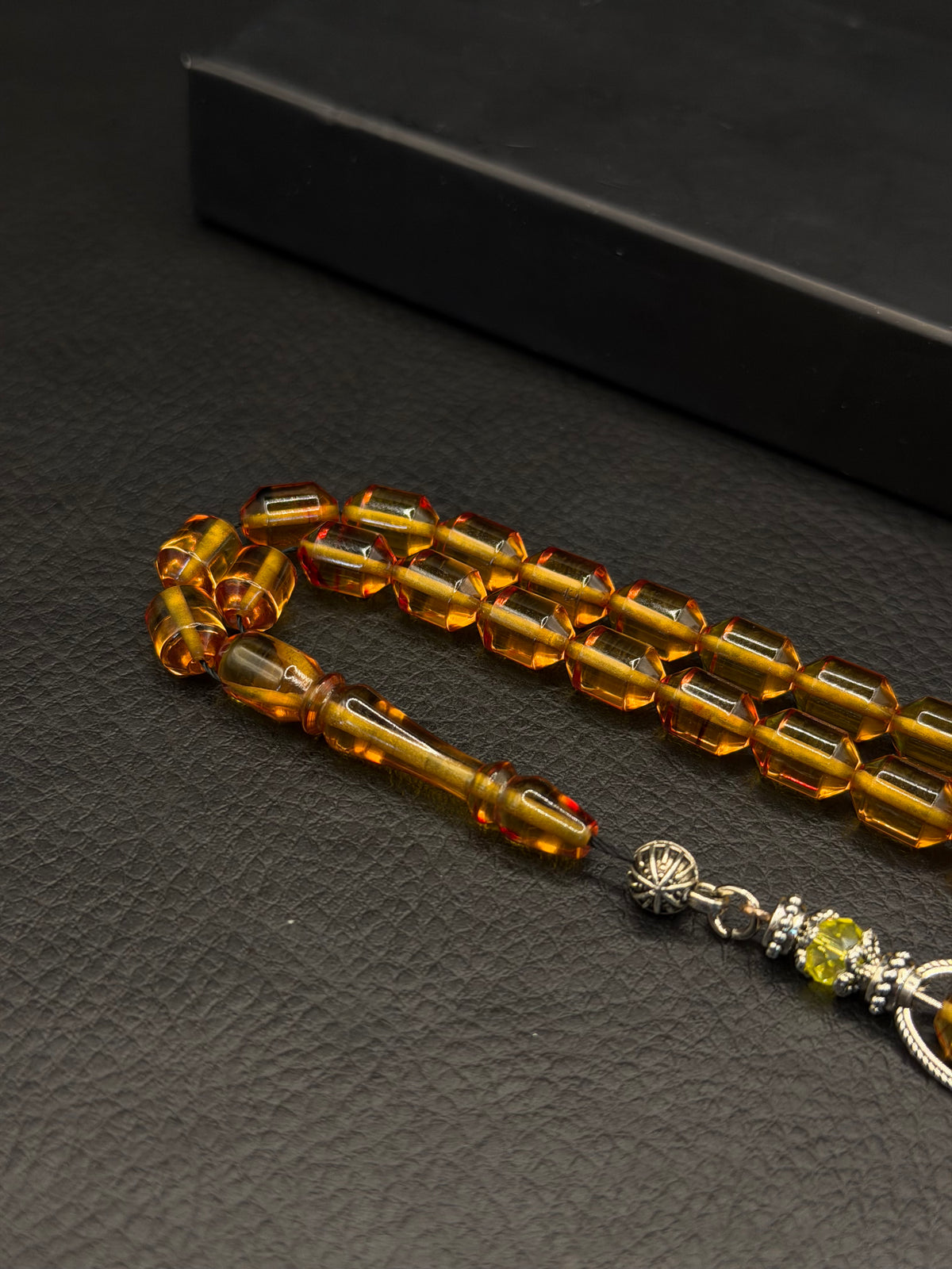 Yellow & Red Fire Amber Tesbih – Alloy Tassel – Edged Capsule Cut