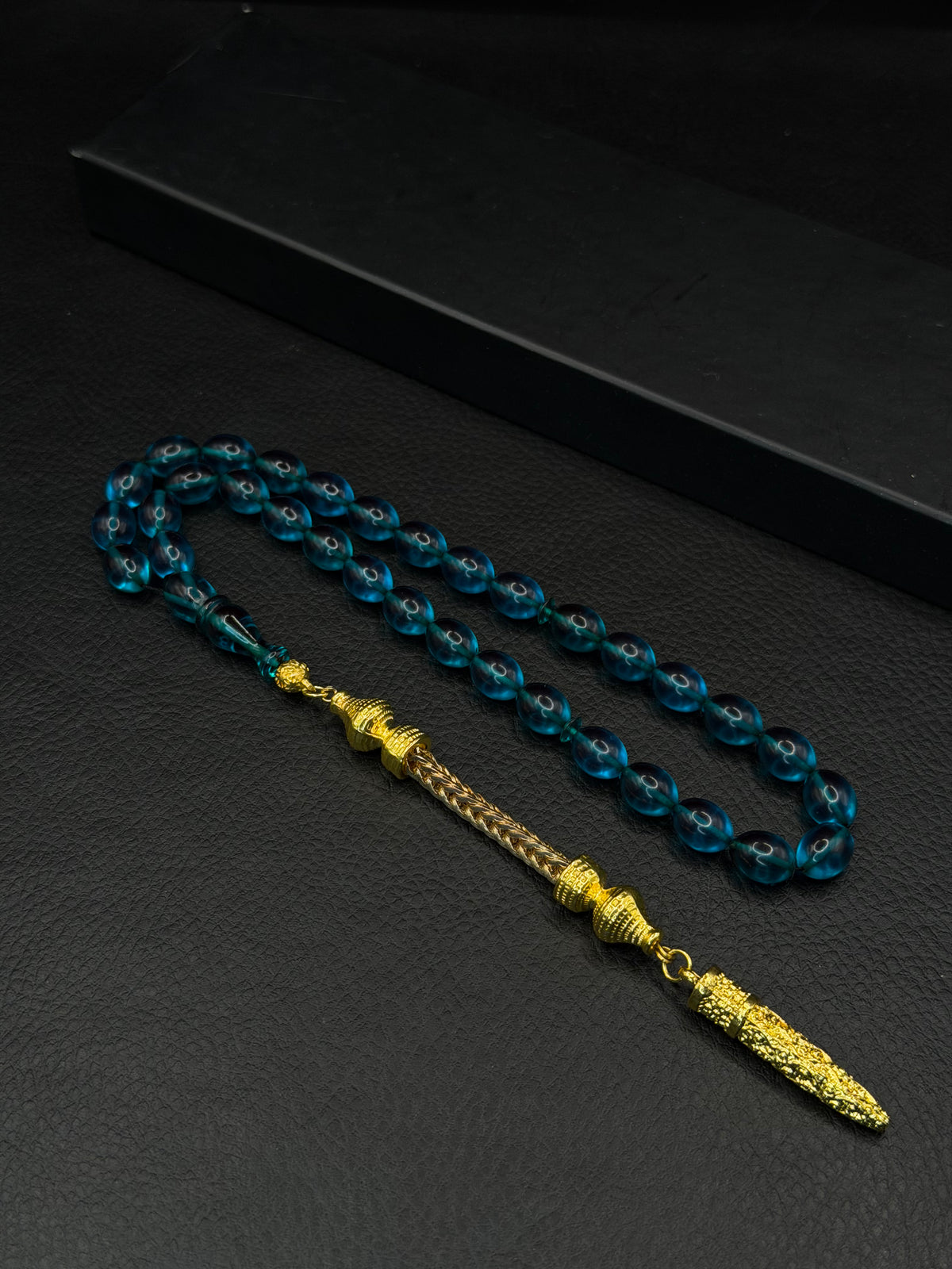 Blue Fire Amber Tesbih – Oval Cut – Gold-Coloured Alloy Tassel