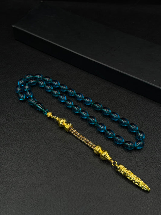 Blue Fire Amber Tesbih – Oval Cut – Gold-Coloured Alloy Tassel