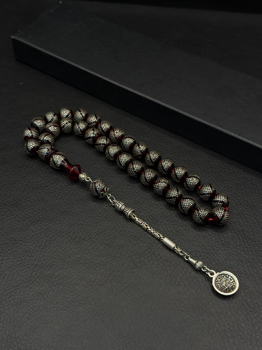 Silver Inserted Fire Amber Round Cut Tesbih – 925 Sterling Silver Tassel