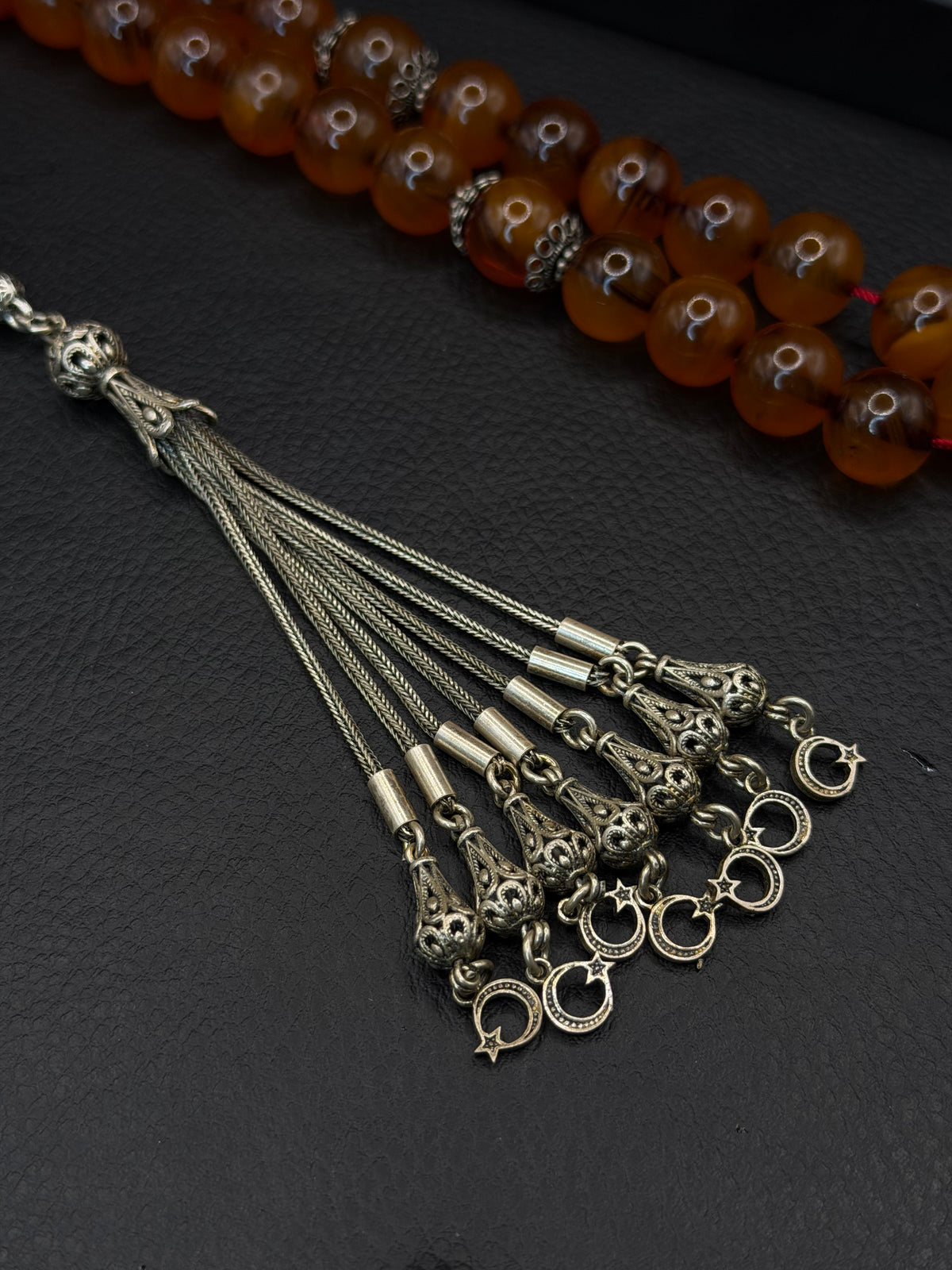 Medium Size Ottoman Style Yellow Fire Amber Tesbih – 925 Sterling Silver Tassel