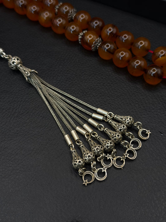Medium Size Ottoman Style Yellow Fire Amber Tesbih – 925 Sterling Silver Tassel