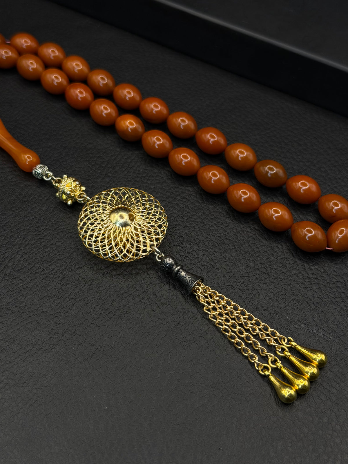 Ottoman Style Orange Compressed Amber Tesbih – Barley Cut – Custom Alloy Tassel