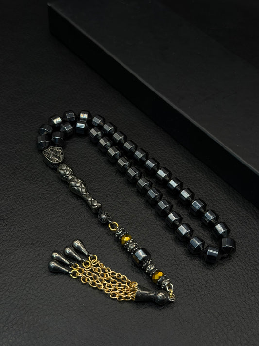 Grey-Coloured Natural Hematite Stone Edged Round Cut Tesbih – Alloy Tassel