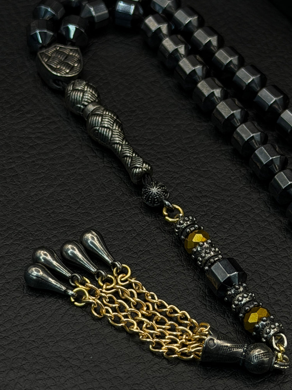 Grey-Coloured Natural Hematite Stone Edged Round Cut Tesbih – Alloy Tassel