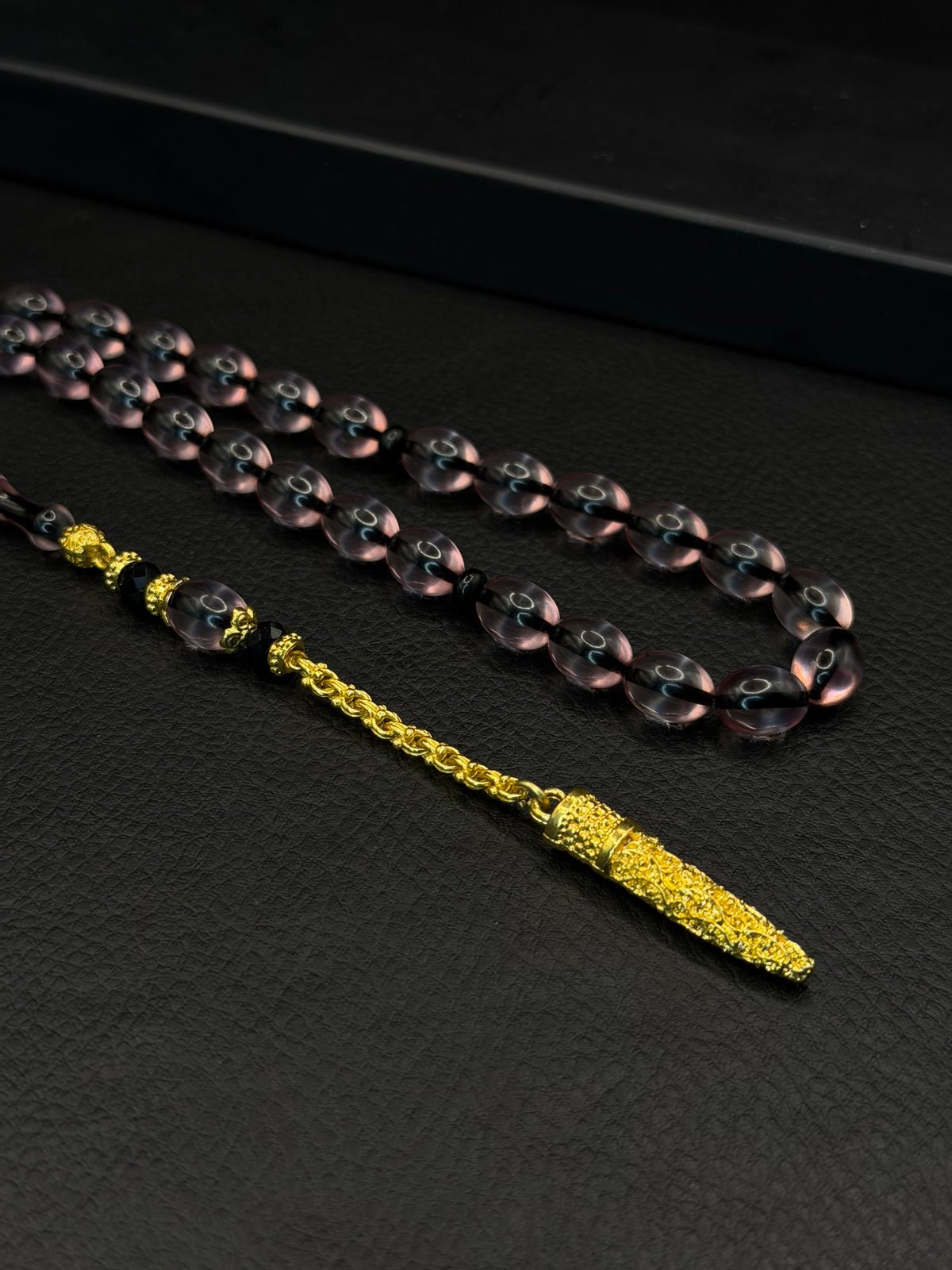 Clear Fire Amber Tesbih – Oval Cut – Gold-Coloured Alloy Tassel