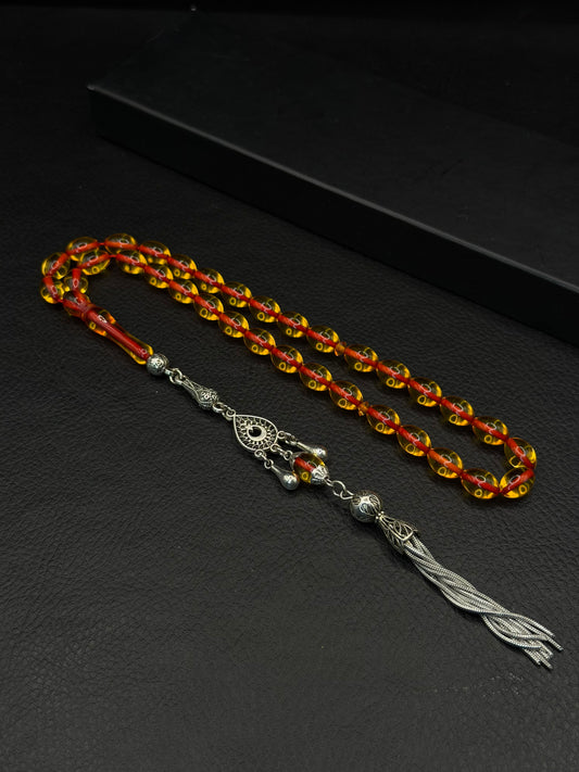 Yellow Fire Amber Tesbih – Alloy Tassel