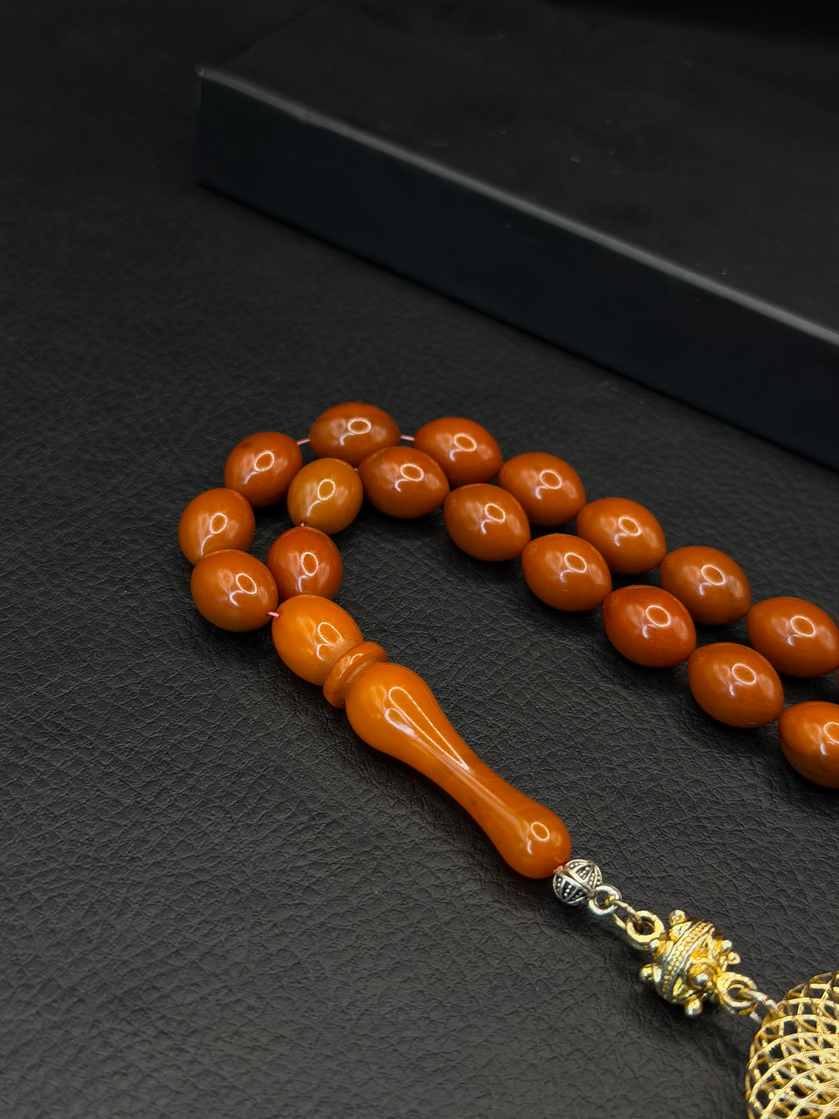 Ottoman Style Orange Compressed Amber Tesbih – Barley Cut – Custom Alloy Tassel