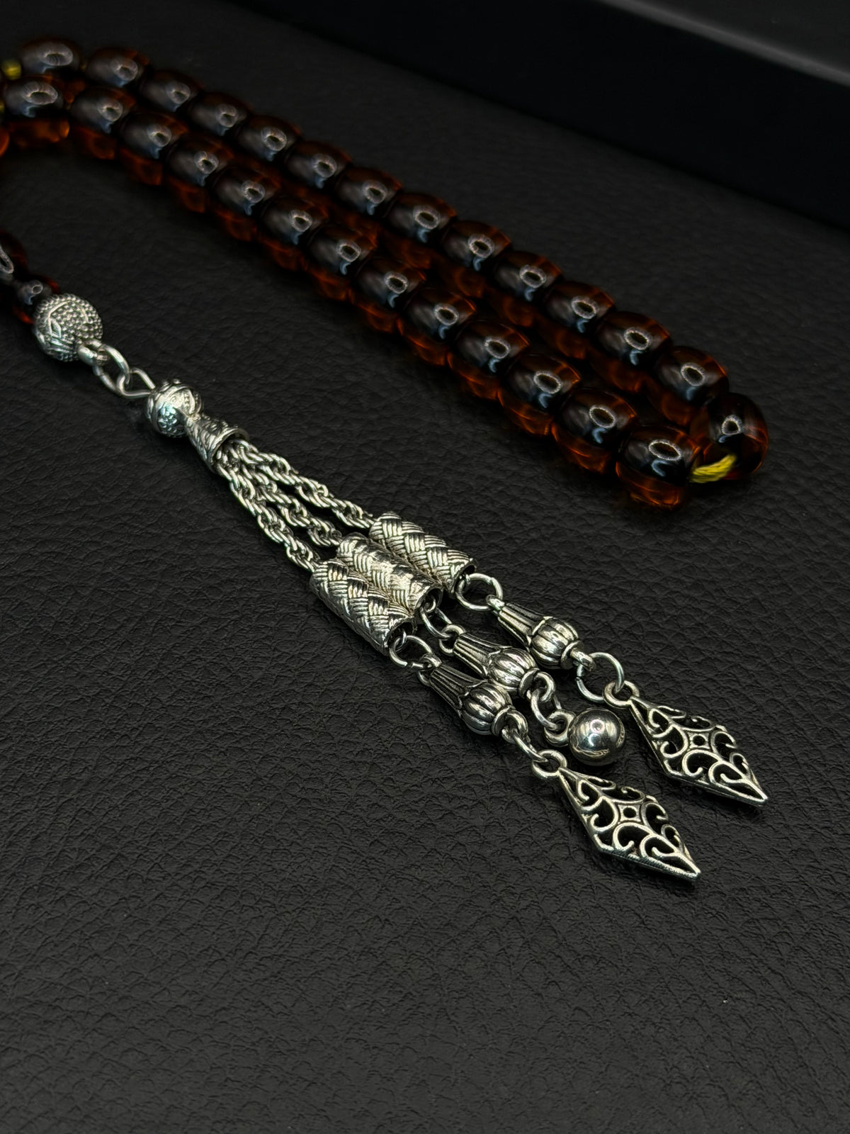 Omari Ottoman Style Dark Orange Fire Amber Tesbih – Capsule Cut – Alloy Tassel – Double Imame