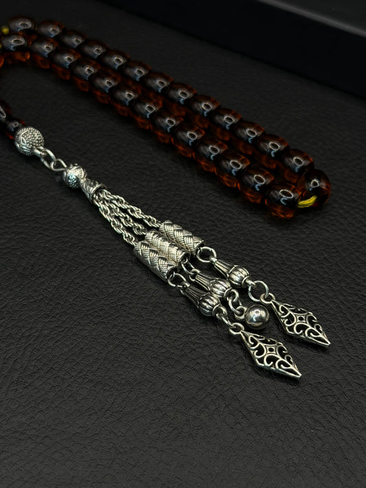 Omari Ottoman Style Dark Orange Fire Amber Tesbih – Capsule Cut – Alloy Tassel – Double Imame
