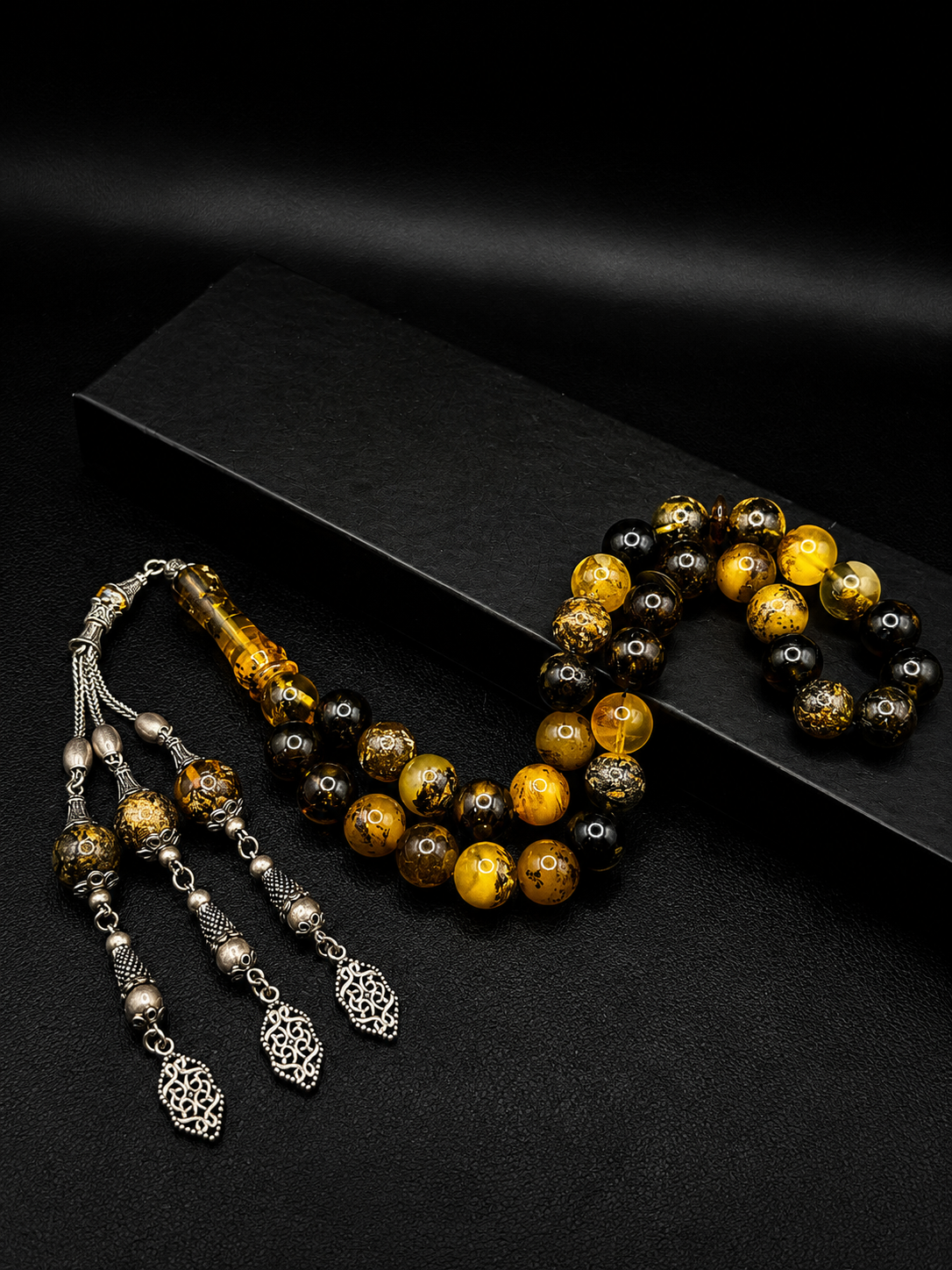 Natural Baltic Fossil Amber Tesbih – Full 925 Sterling Silver Tassel