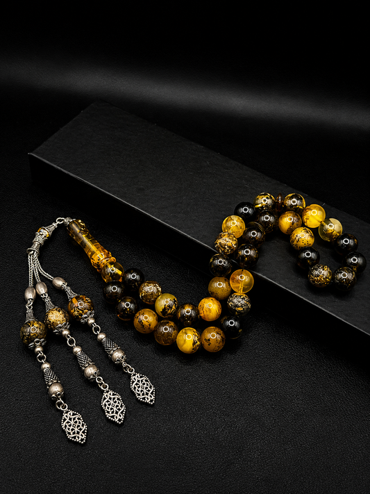 Natural Baltic Fossil Amber Tesbih – Full 925 Sterling Silver Tassel