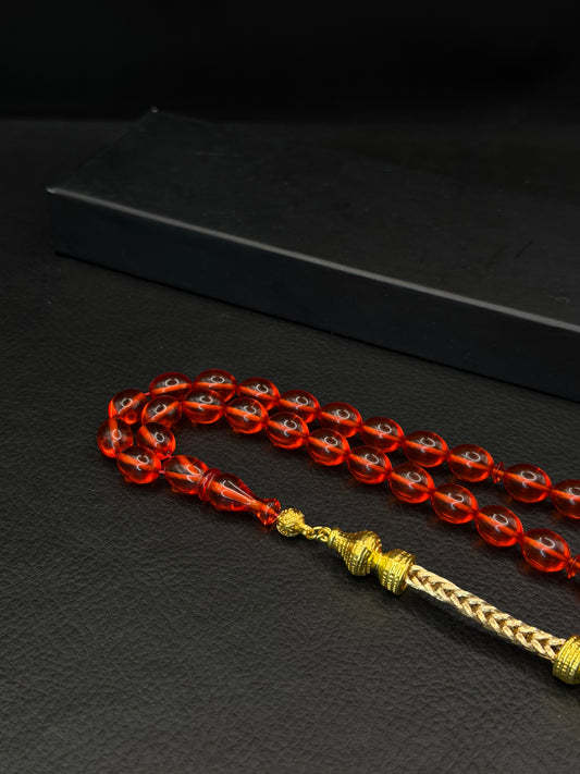Red Fire Amber Tesbih – Oval Cut – Gold-Coloured Alloy Tassel
