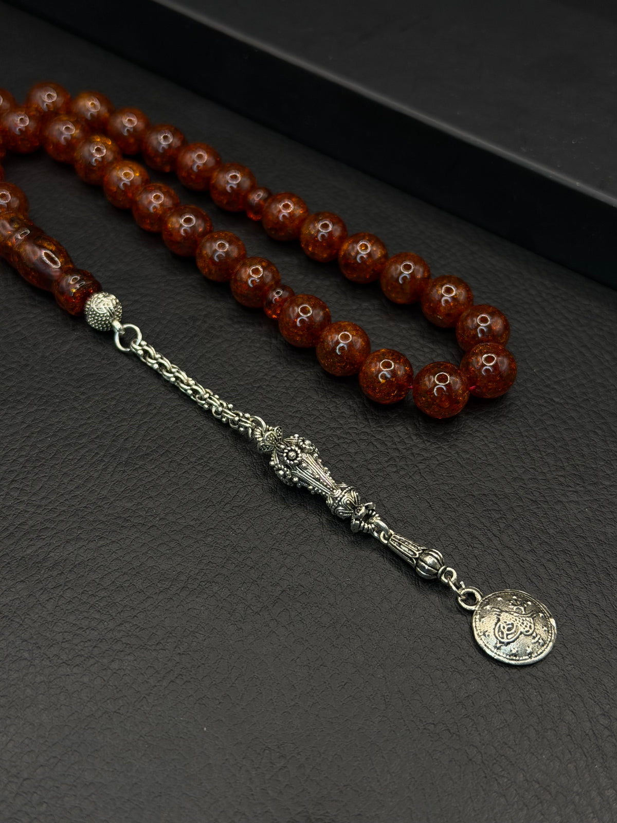 Glittery Fire Amber Round Cut Tesbih – Alloy Tassel