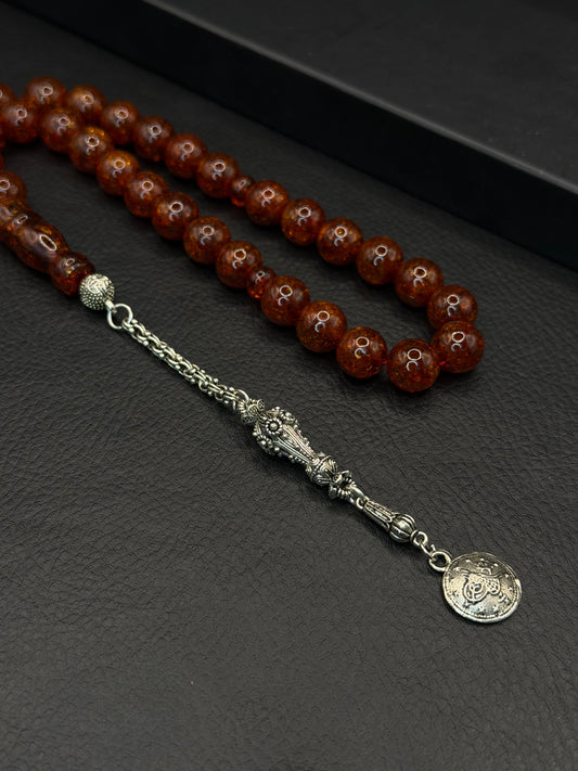 Glittery Fire Amber Round Cut Tesbih – Alloy Tassel