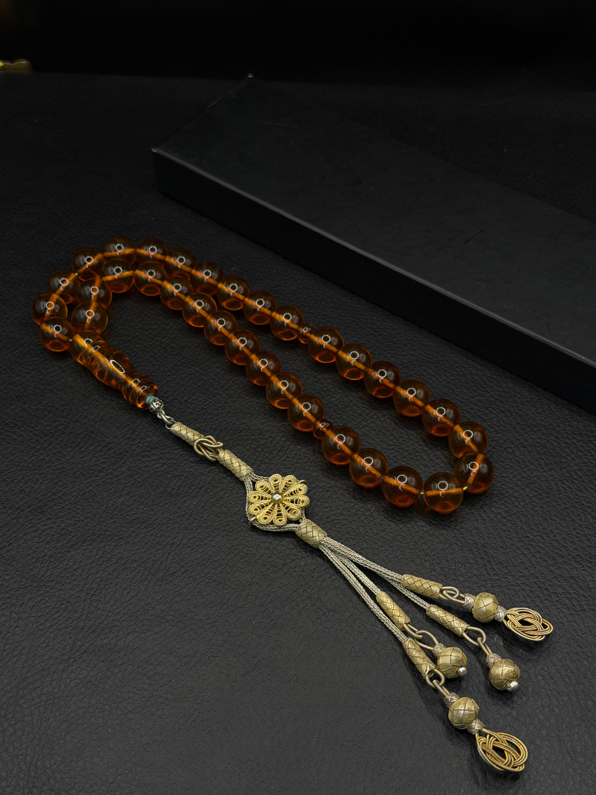 Ottoman Style Fire Amber Tesbih – Round Cut – 1K Kazaz Silver Tassel – Medium Size