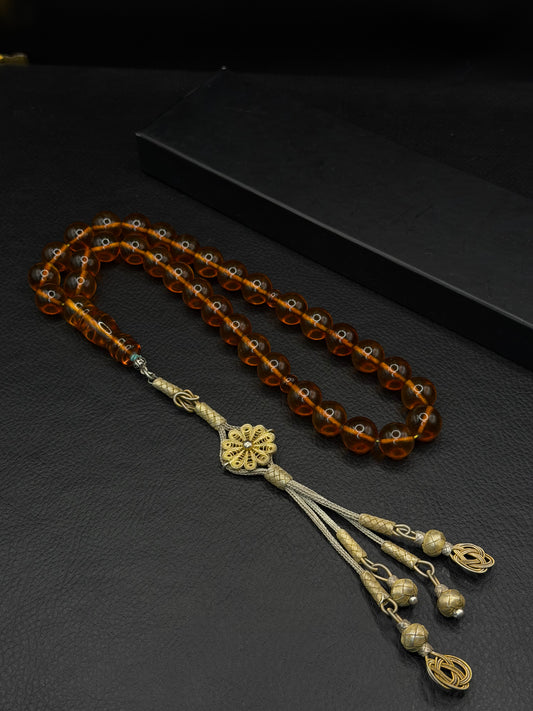 Ottoman Style Fire Amber Tesbih – Round Cut – 1K Kazaz Silver Tassel – Medium Size