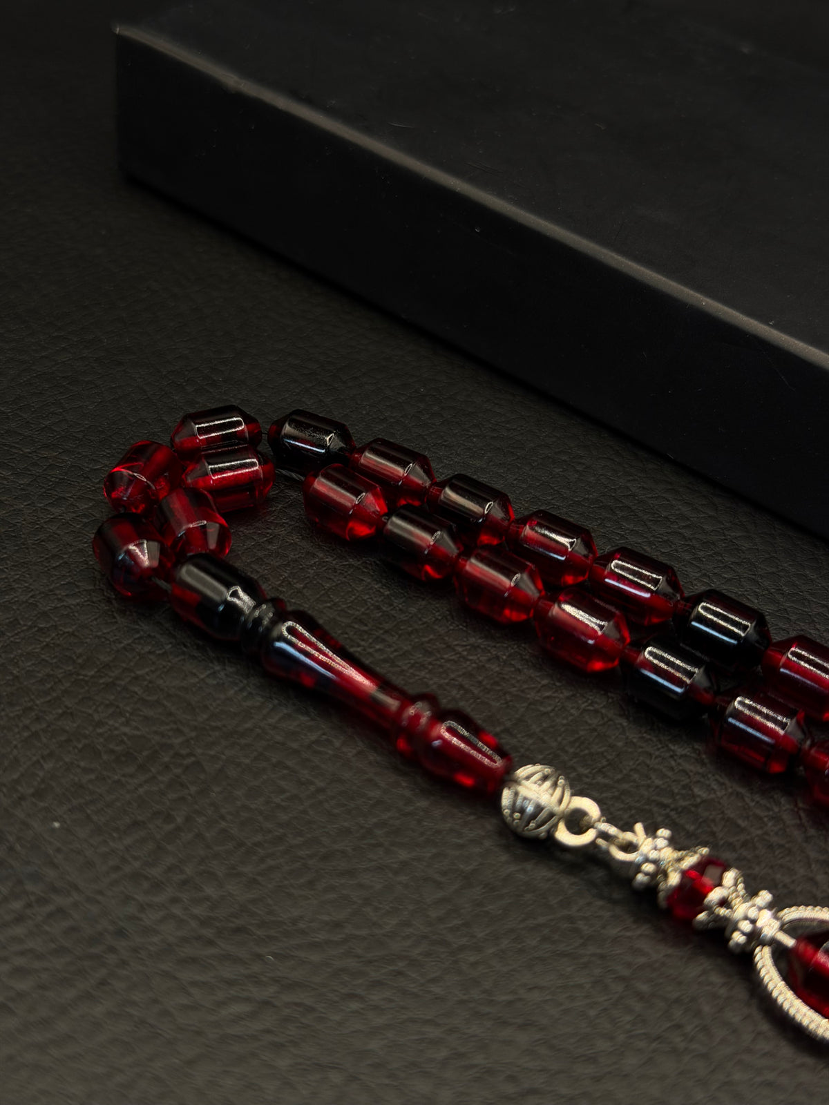 Red & Black Fire Amber Tesbih – Alloy Tassel – Edged Capsule Cut