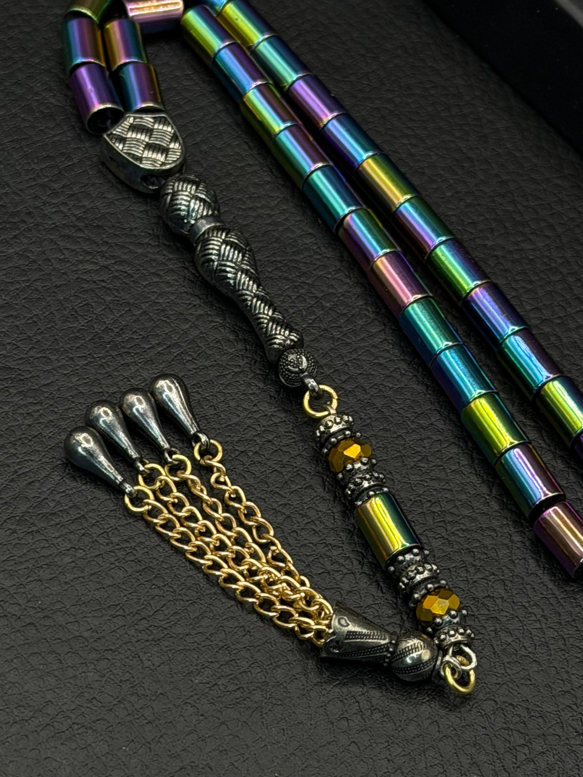 Rainbow-Coloured Natural Hematite Stone Cylinder Cut Tesbih – Alloy Tassel