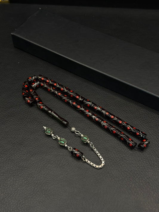 Green Fire Amber Silver & Mine Inserted Cylinder Cut Tesbih – Alloy Tassel
