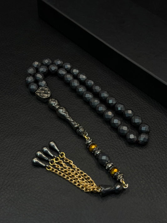 Matte Grey-Coloured Natural Hematite Stone Faceted Round Cut Tesbih – Alloy Tassel