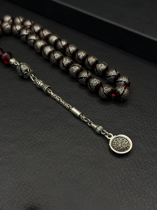 Silver Inserted Fire Amber Round Cut Tesbih – 925 Sterling Silver Tassel