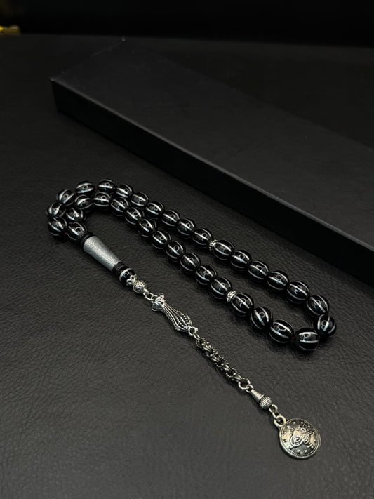 Russian Black Stone Alloy Inserted Round Cut Tesbih – Custom Imame & Alloy Tassel