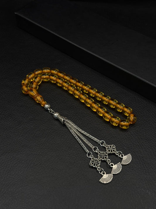 Omari Ottoman Style Yellow Fire Amber Tesbih – Capsule Cut – Alloy Tassel – Double Imame