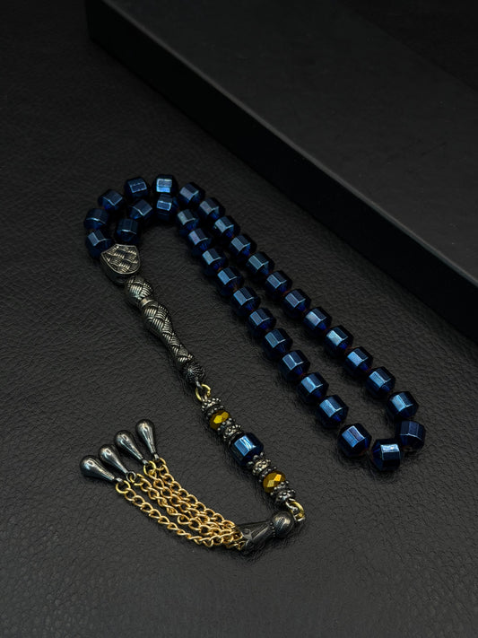 Blue-Coloured Natural Hematite Stone Edged Round Cut Tesbih – Alloy Tassel