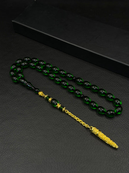 Green Fire Amber Tesbih – Oval Cut – Gold-Coloured Alloy Tassel