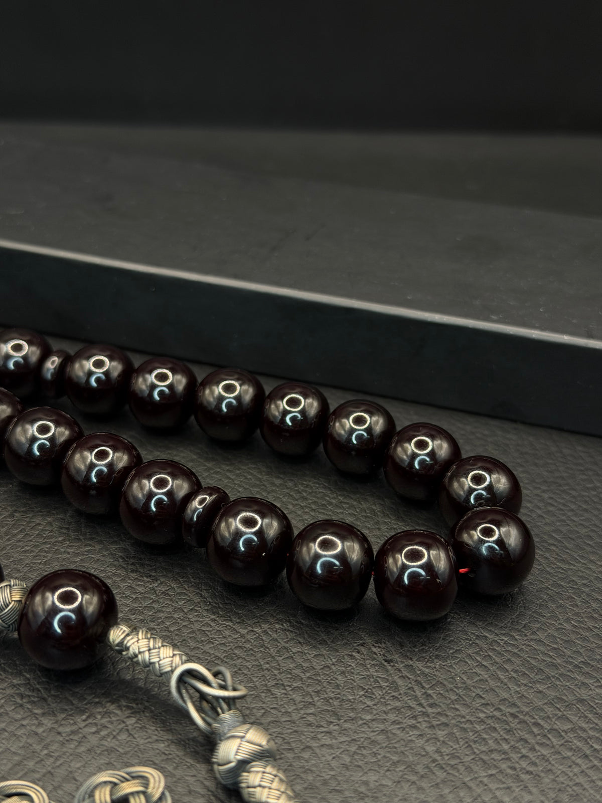 Big Size Black Compressed Amber Tesbih – 1K Silver Kazaz Tassel
