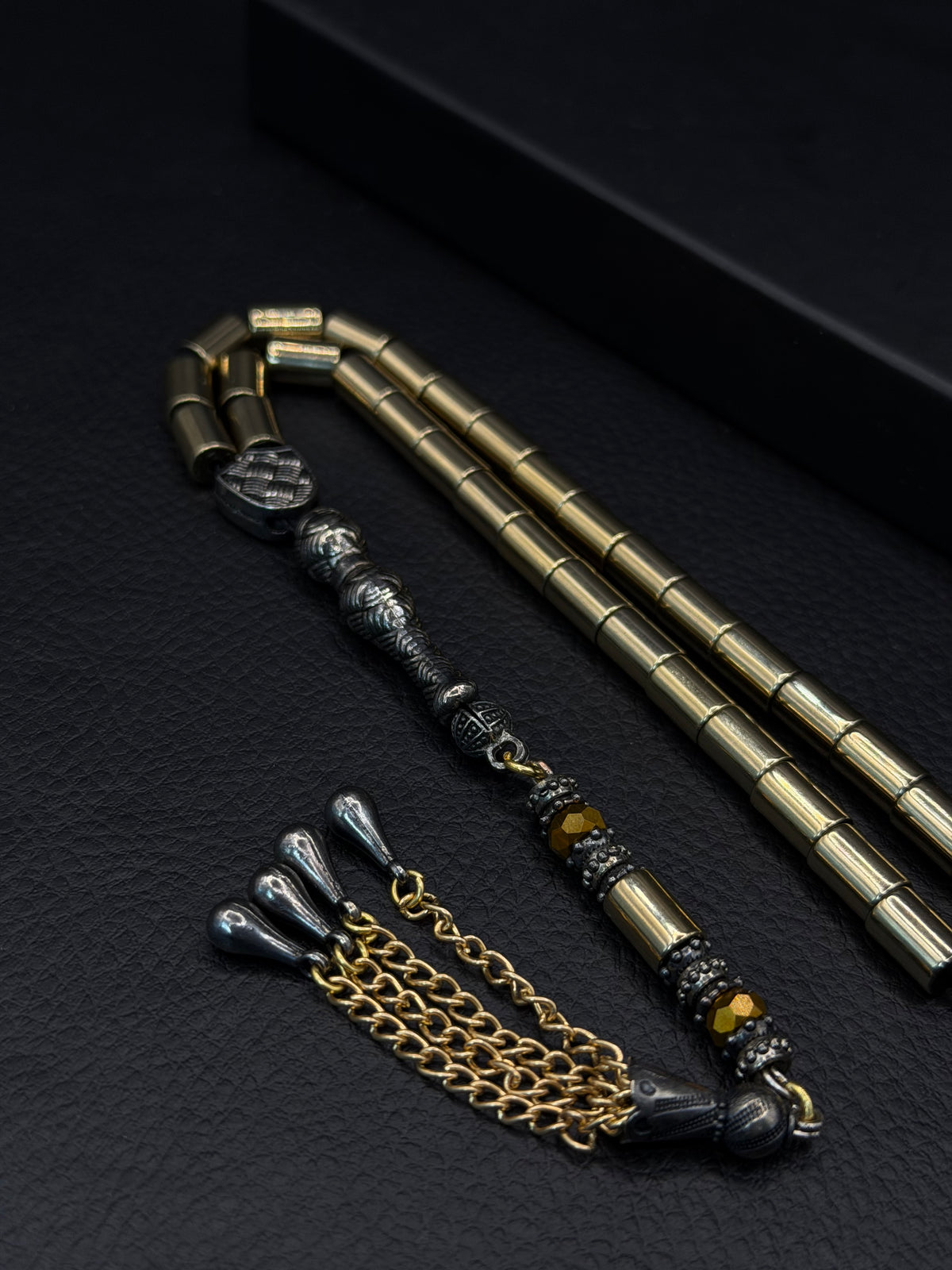 Gold-Coloured Natural Hematite Stone Cylinder Cut Tesbih – Alloy Tassel