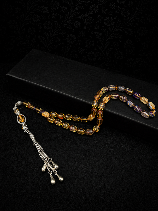 Clear & Blue Fire Amber Tesbih – Alloy Tassel – Edged Capsule Cut
