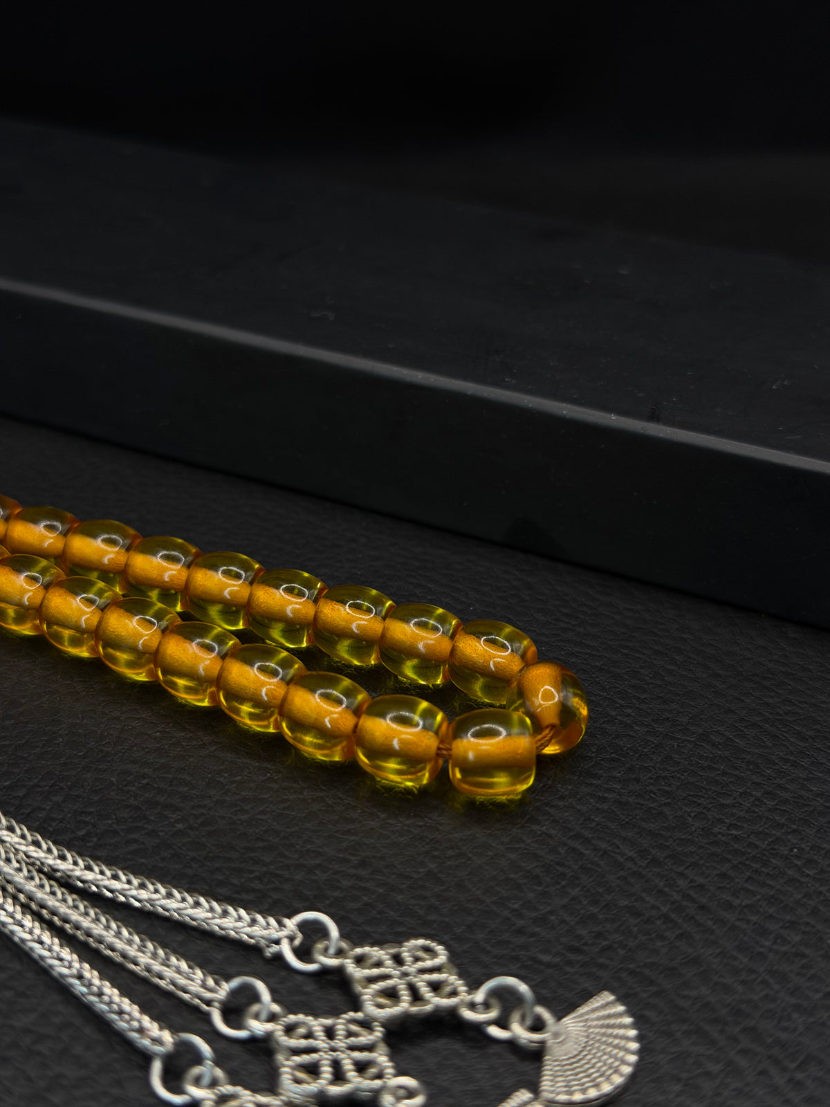Omari Ottoman Style Yellow Fire Amber Tesbih – Capsule Cut – Alloy Tassel – Double Imame