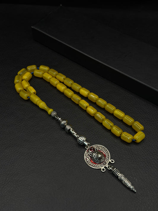 Ottoman Style Shaved Yellow Compressed Amber Tesbih – Capsule Cut – Alloy Tassel