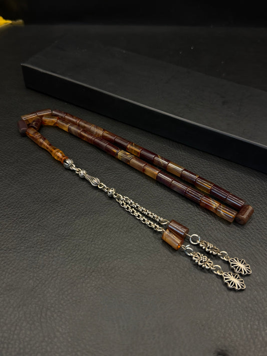 Fire Amber Tesbih – Faceted Capsule Cut – 925K Silver Tassel