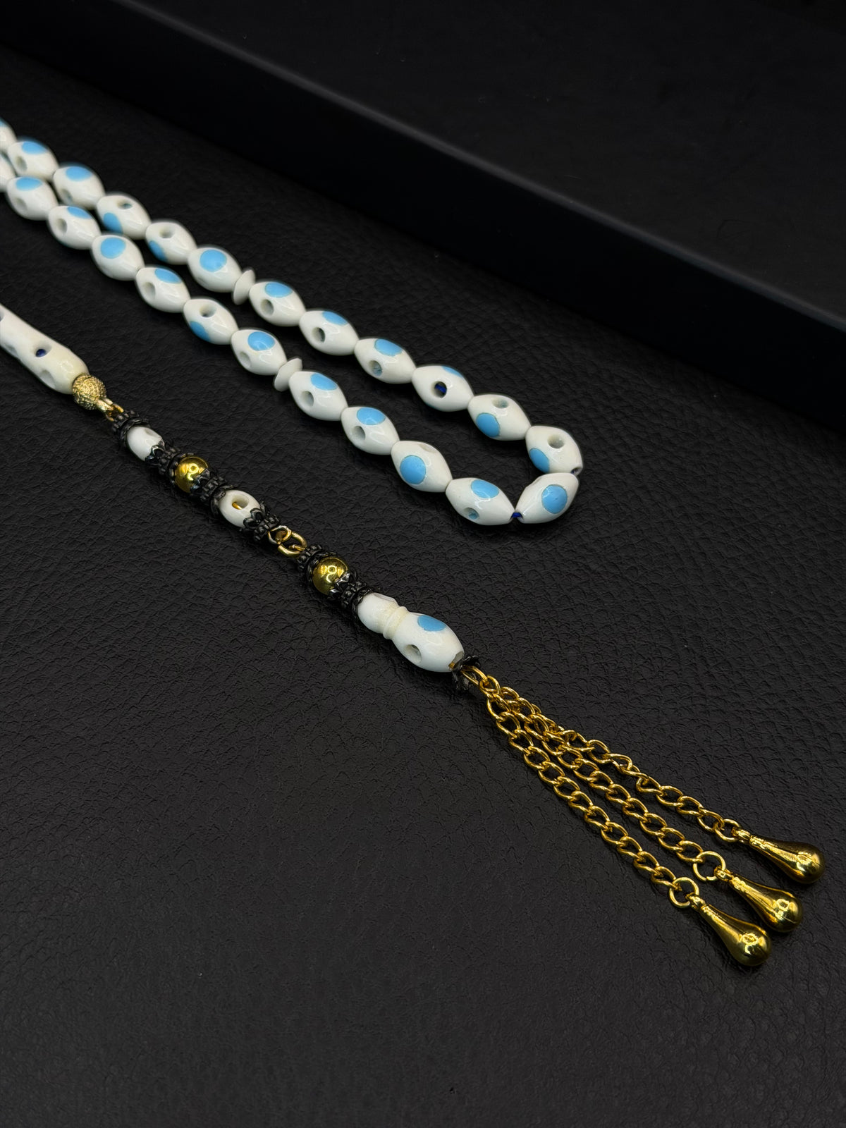 Camel Bone Tesbih – Light Blue Inserted Alloy Tassel | Hollow Design