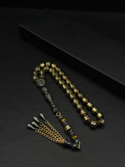 Gold-Coloured Natural Hematite Stone Edged Round Cut Tesbih – Alloy Tassel