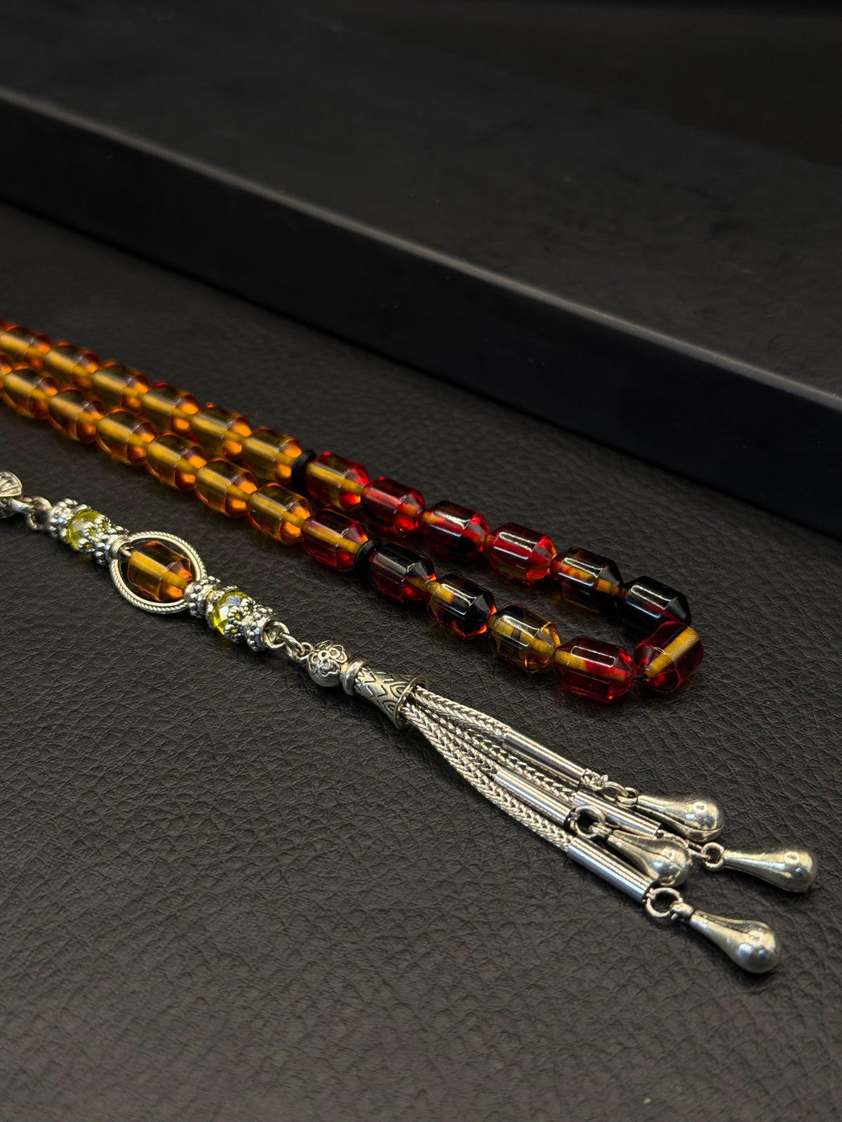 Yellow & Red Fire Amber Tesbih – Alloy Tassel – Edged Capsule Cut