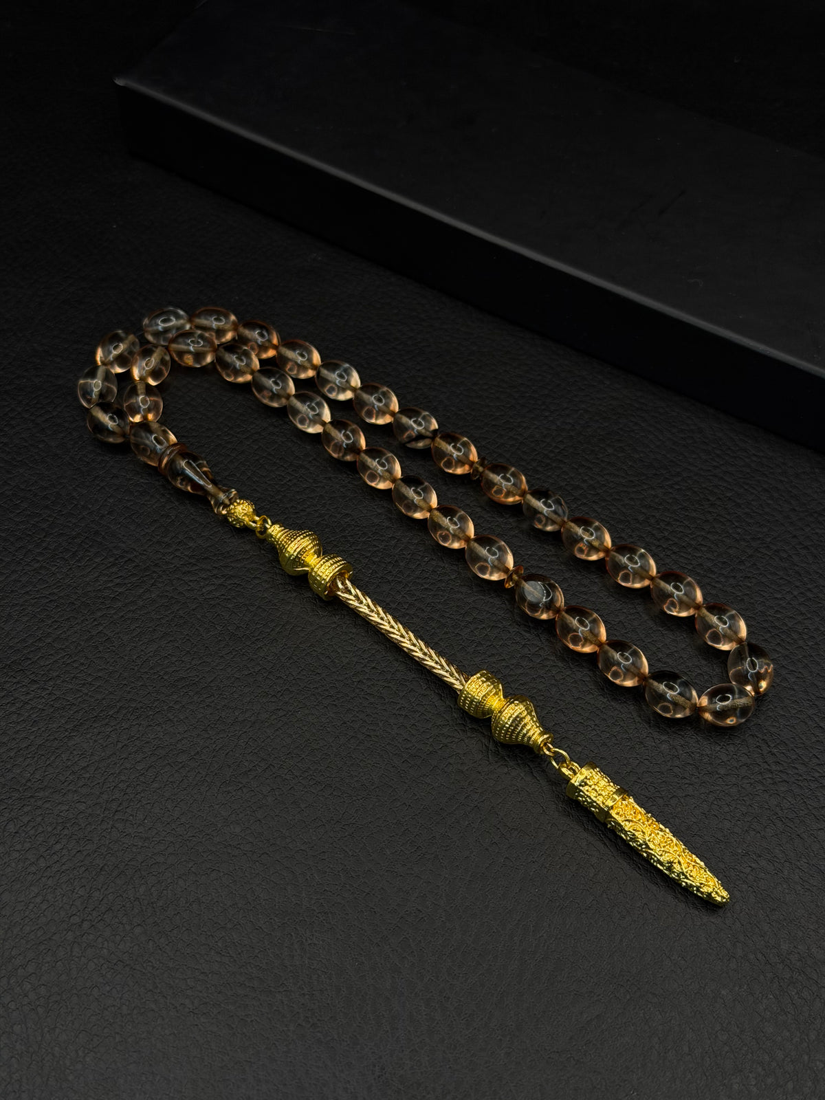Clear Fire Amber Tesbih – Oval Cut – Gold-Coloured Alloy Tassel