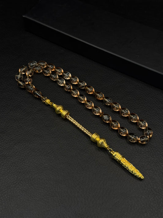 Clear Fire Amber Tesbih – Oval Cut – Gold-Coloured Alloy Tassel