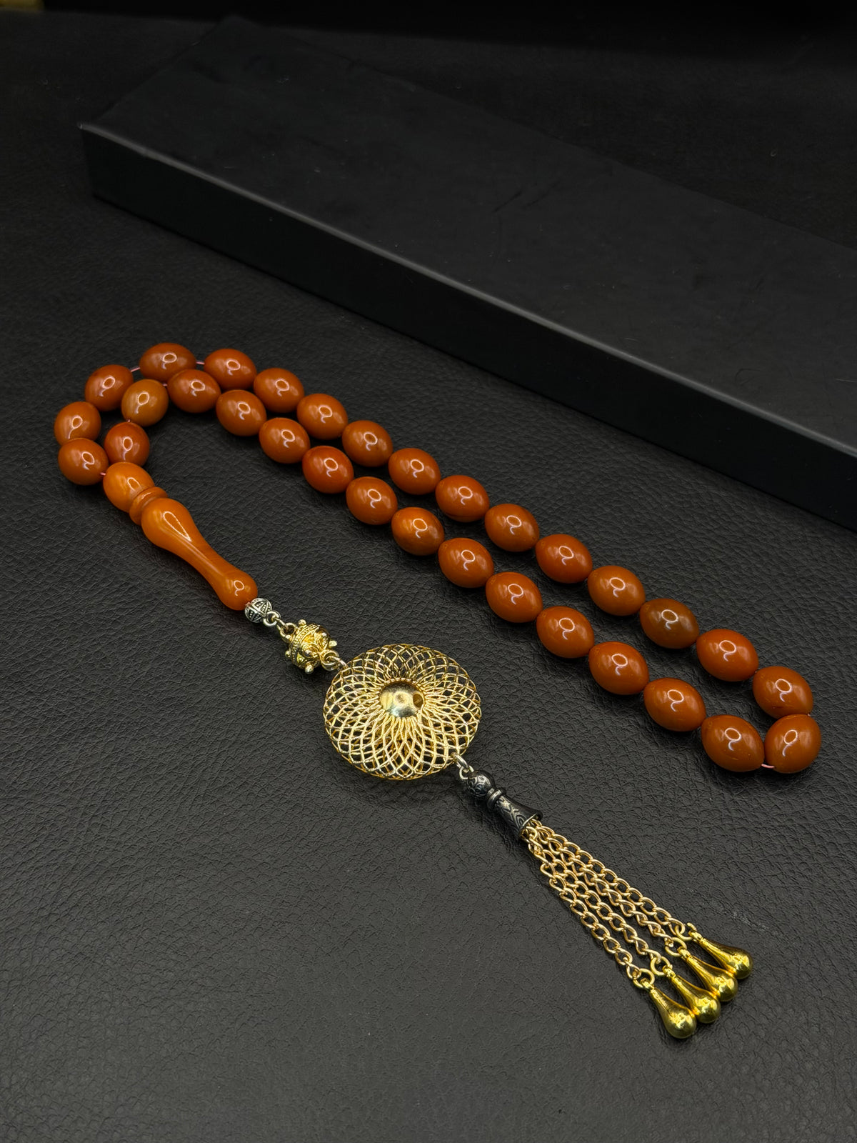 Ottoman Style Orange Compressed Amber Tesbih – Barley Cut – Custom Alloy Tassel
