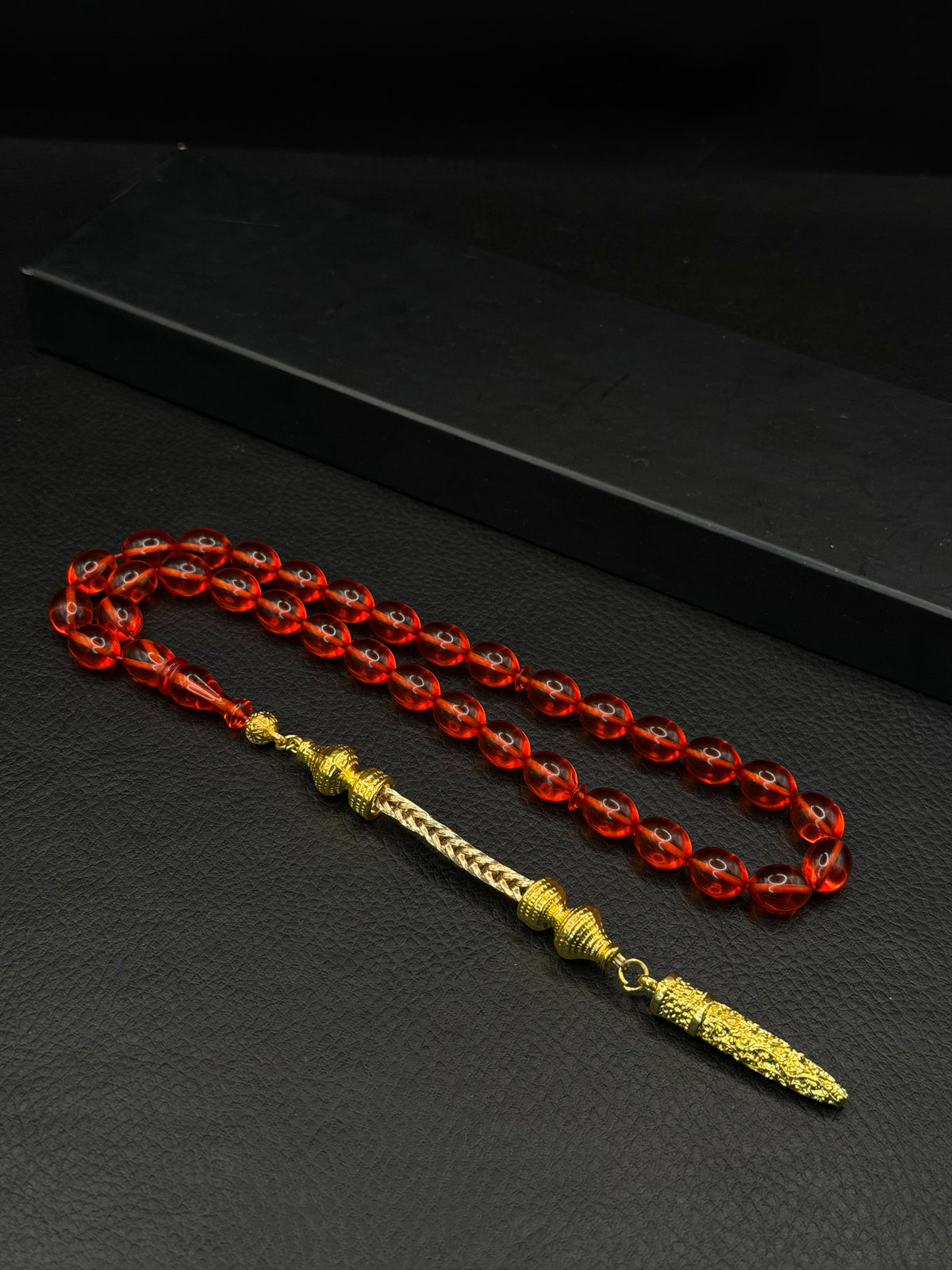 Red Fire Amber Tesbih – Oval Cut – Gold-Coloured Alloy Tassel
