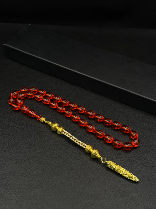 Red Fire Amber Tesbih – Oval Cut – Gold-Coloured Alloy Tassel