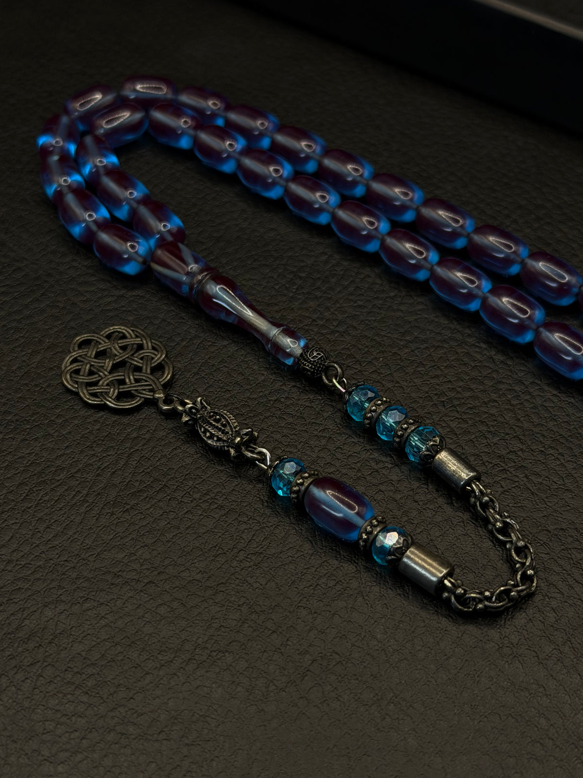 Blue Fire Amber Tesbih – Capsule Cut – Alloy Kazzaz Tassel
