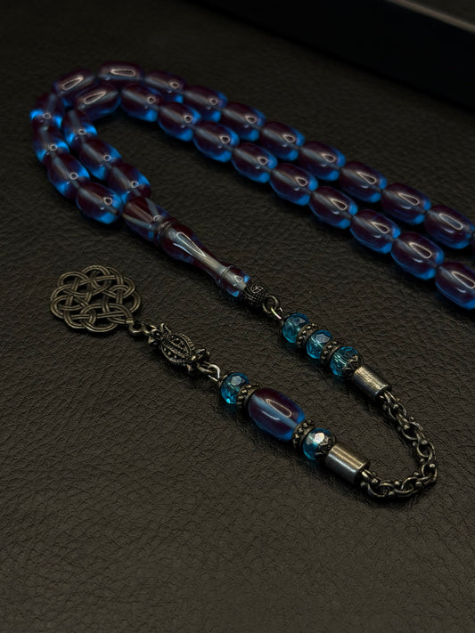 Blue Fire Amber Tesbih – Capsule Cut – Alloy Kazzaz Tassel