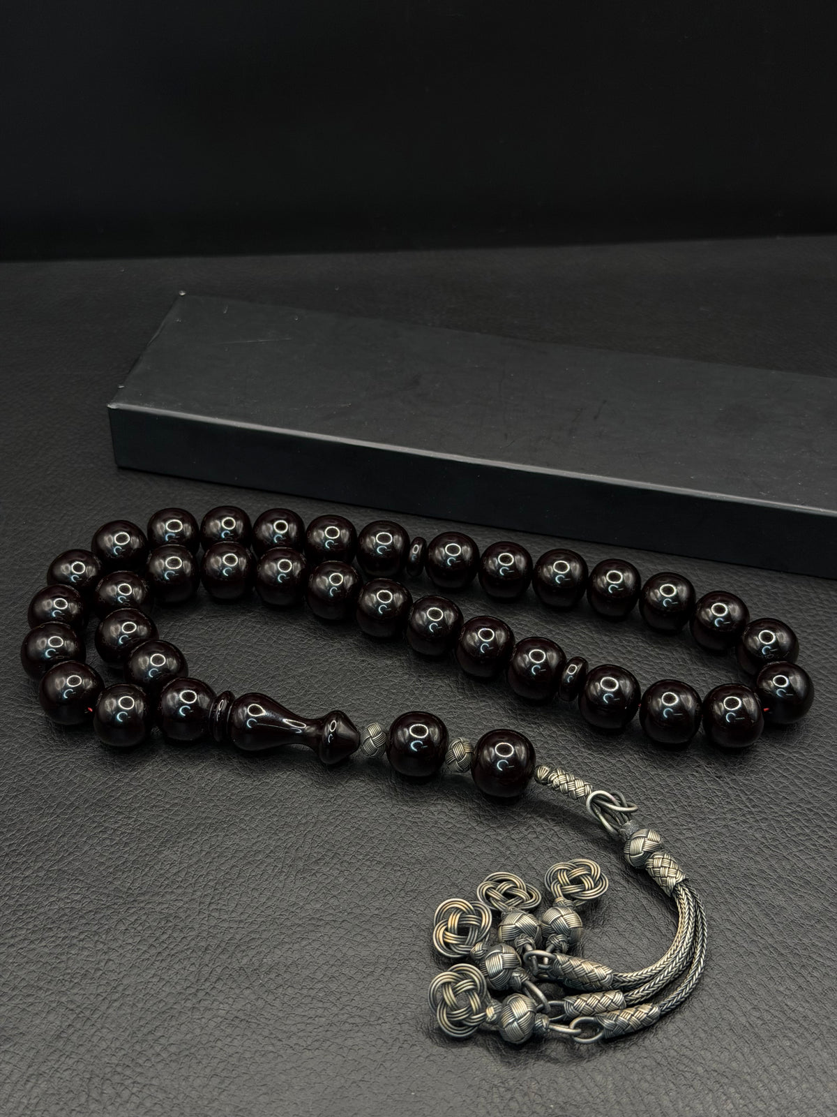 Big Size Black Compressed Amber Tesbih – 1K Silver Kazaz Tassel