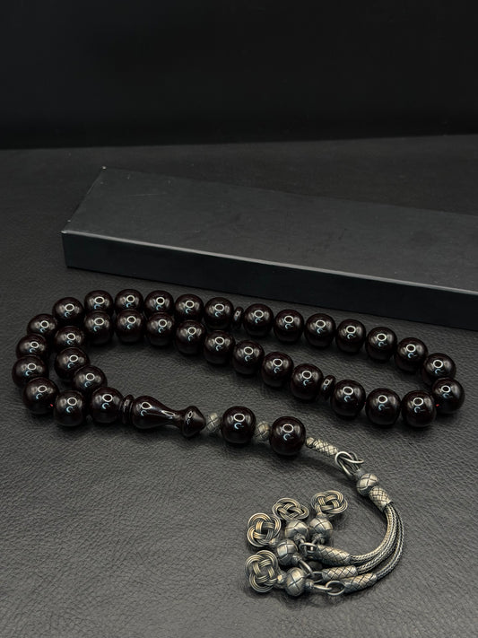Big Size Black Compressed Amber Tesbih – 1K Silver Kazaz Tassel
