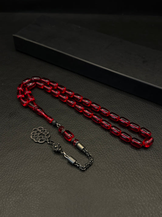 Red Fire Amber Tesbih – Capsule Cut – Alloy Kazzaz Tassel