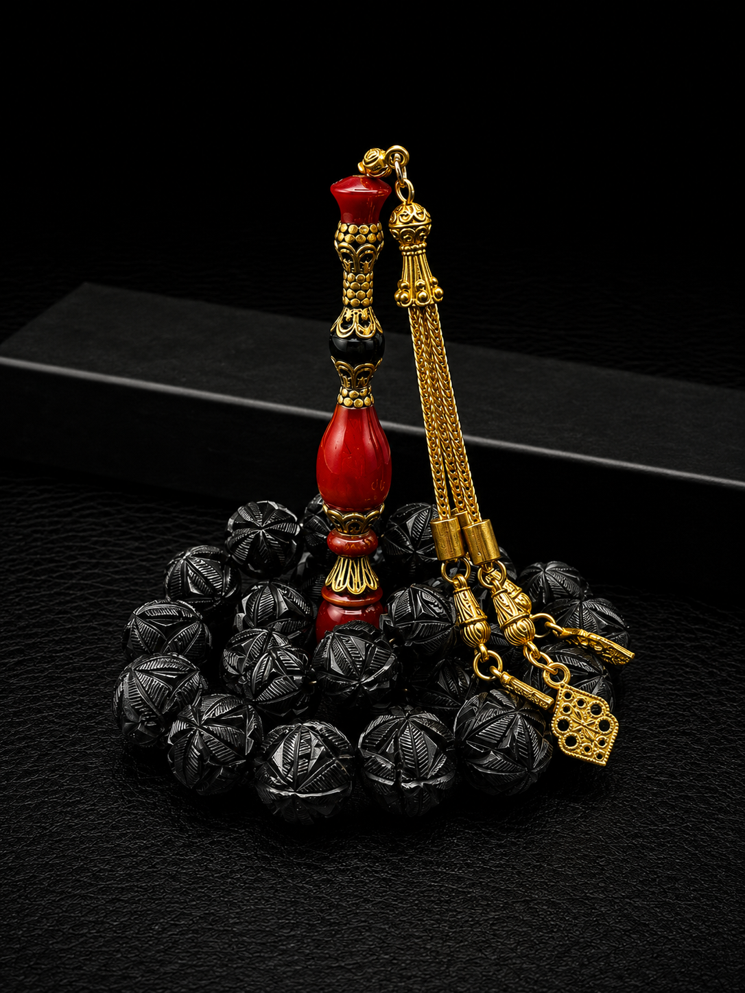 English Blackstone Jet Black Full Nakkaş Tesbih – Custom Alloy İmame & Tassel